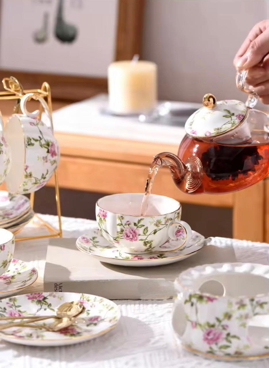 Blossom Breeze Tea Set- Porcelain Cup & Saucer, Kettle & Candle Warmer(15 Pcs)