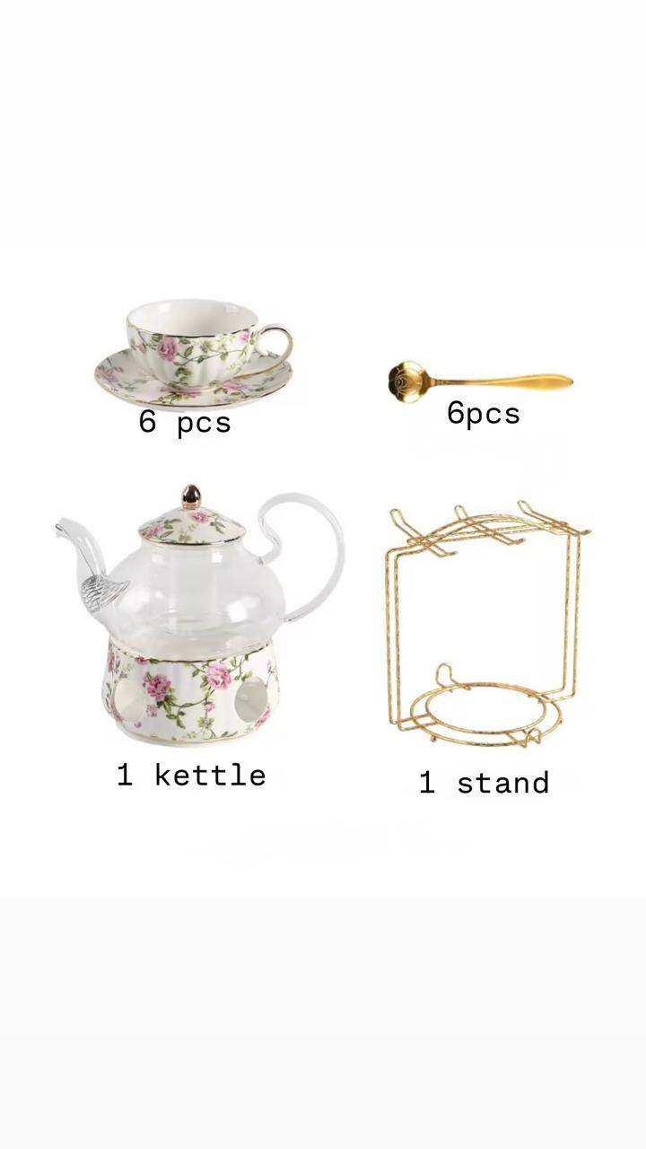 Blossom Breeze Tea Set- Porcelain Cup & Saucer, Kettle & Candle Warmer(15 Pcs)