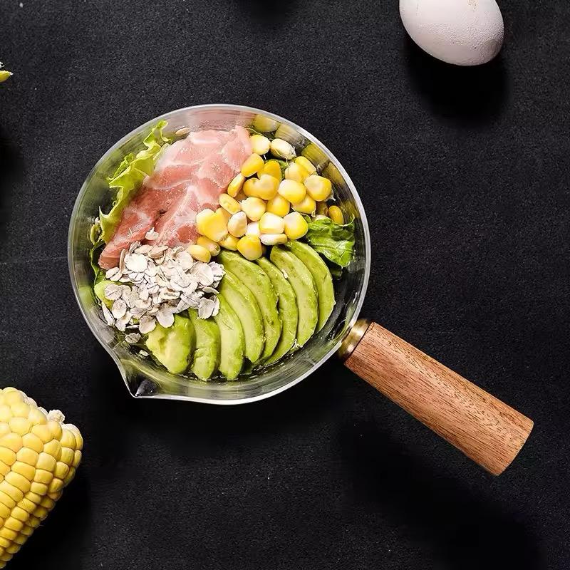 Stove-Safe Glass Milk Pan with Eco-Wood Handle