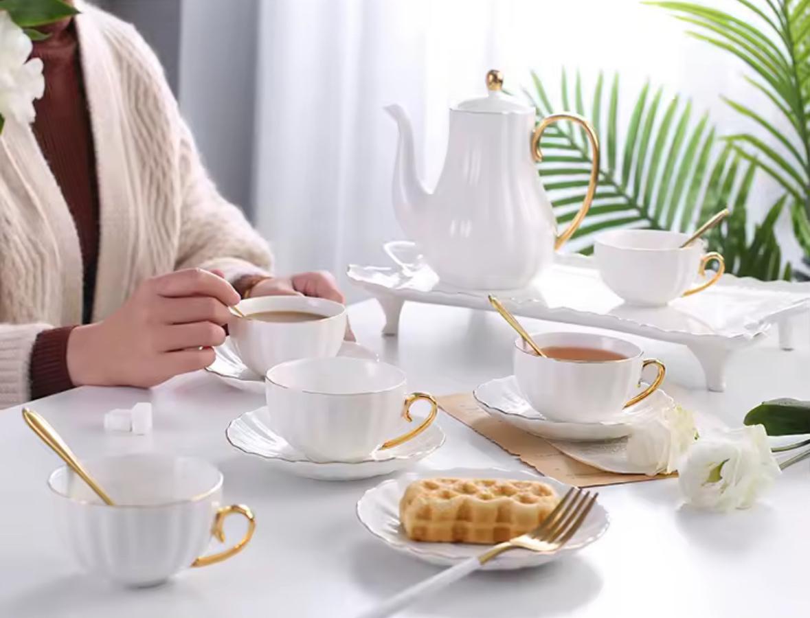 Royal White Tea Pot Set - with Kettle & Serving Tray