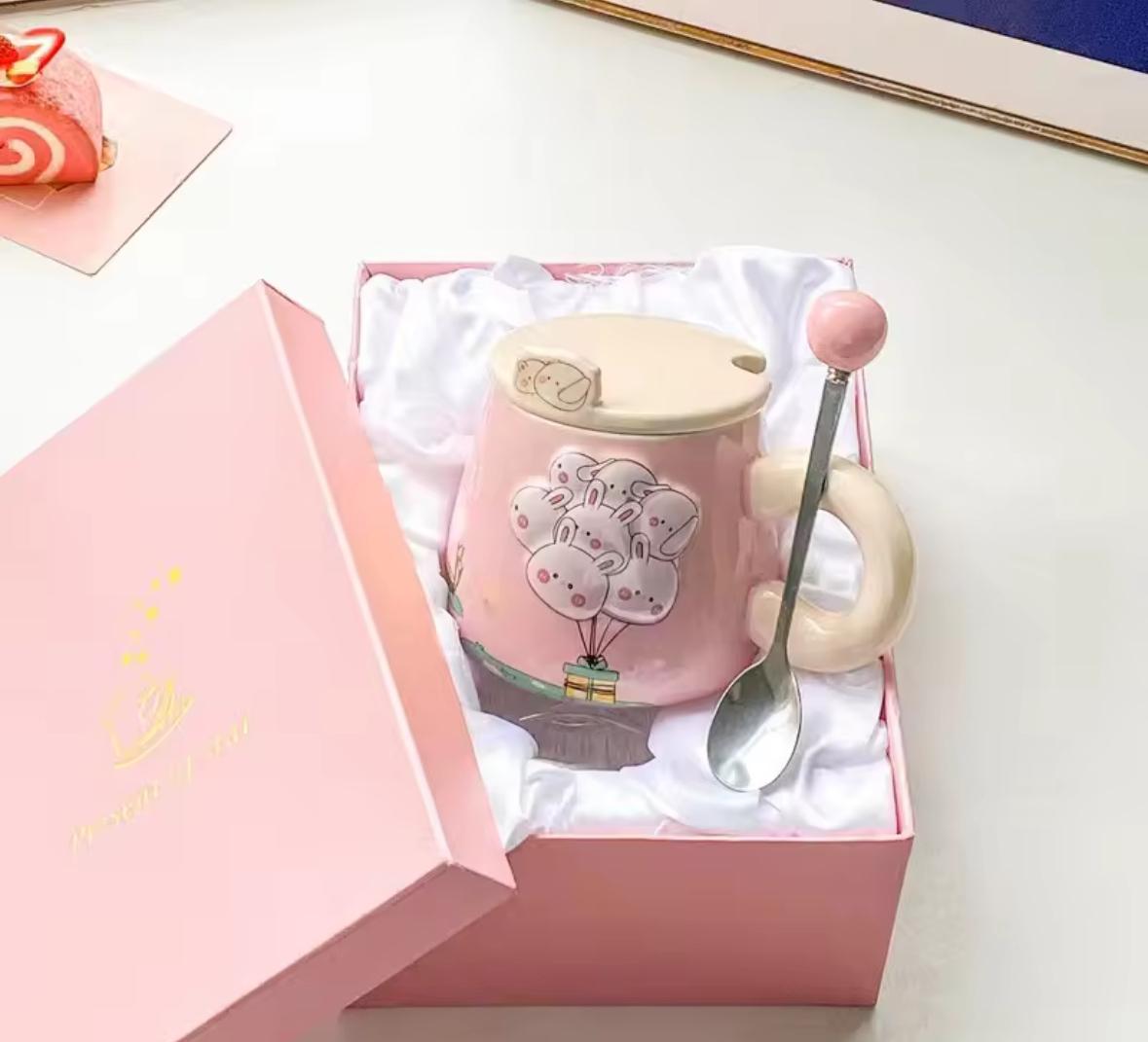 Cloud-Nine Balloon Ceramic Mug Set -400 ML- With Lid & Cute Spoon