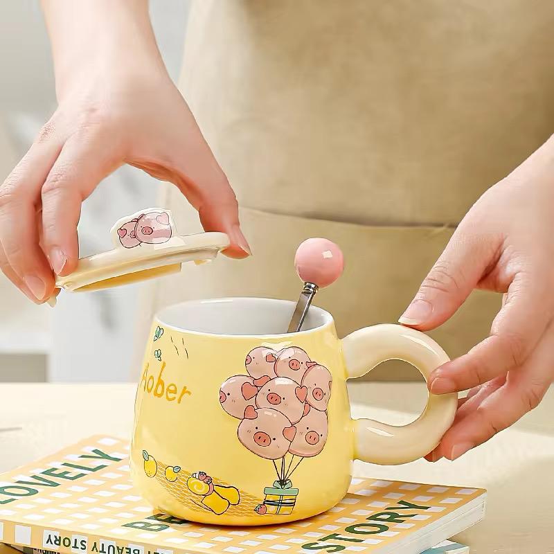 Cloud-Nine Balloon Ceramic Mug Set -400 ML- With Lid & Cute Spoon