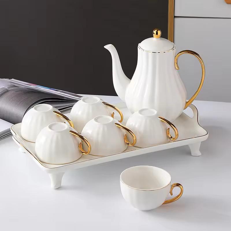 Royal White Tea Pot Set - with Kettle & Serving Tray