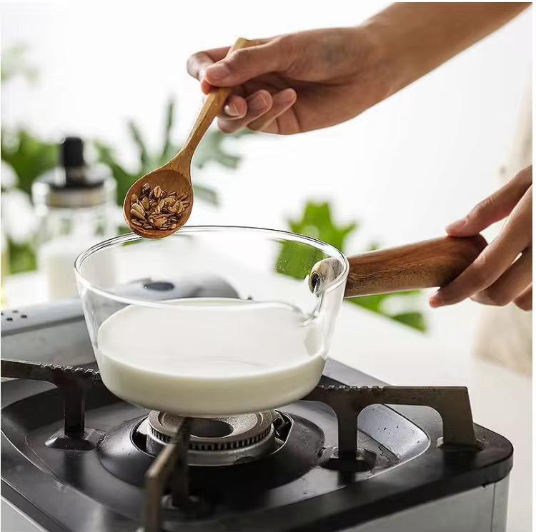 Stove-Safe Glass Milk Pan with Eco-Wood Handle