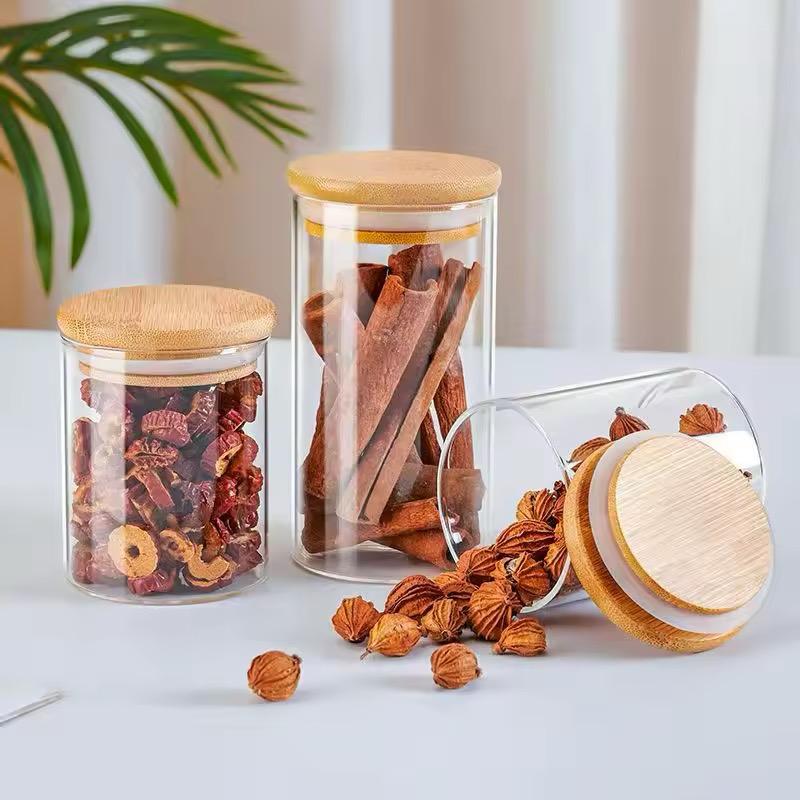 Set of 4 Glass Spice Jars with Airtight Wooden Lids & Wooden Holder