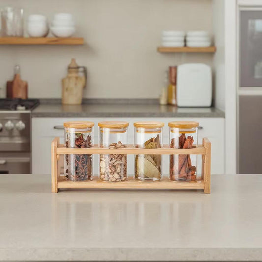 Set of 4 Glass Spice Jars with Airtight Wooden Lids & Wooden Holder