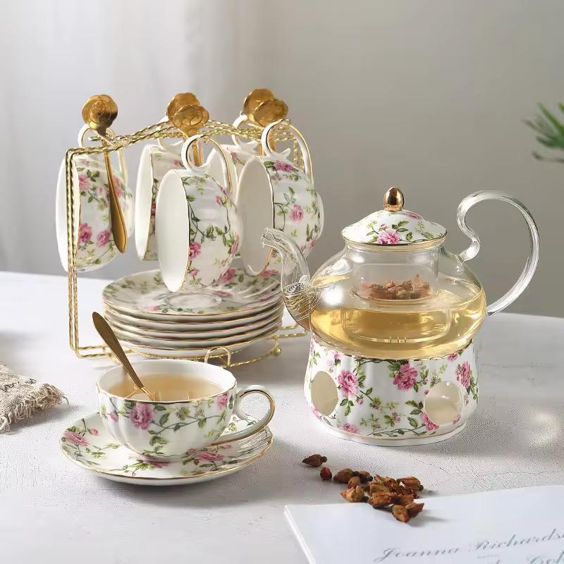 Blossom Breeze Tea Set- Porcelain Cup & Saucer, Kettle & Candle Warmer(15 Pcs)
