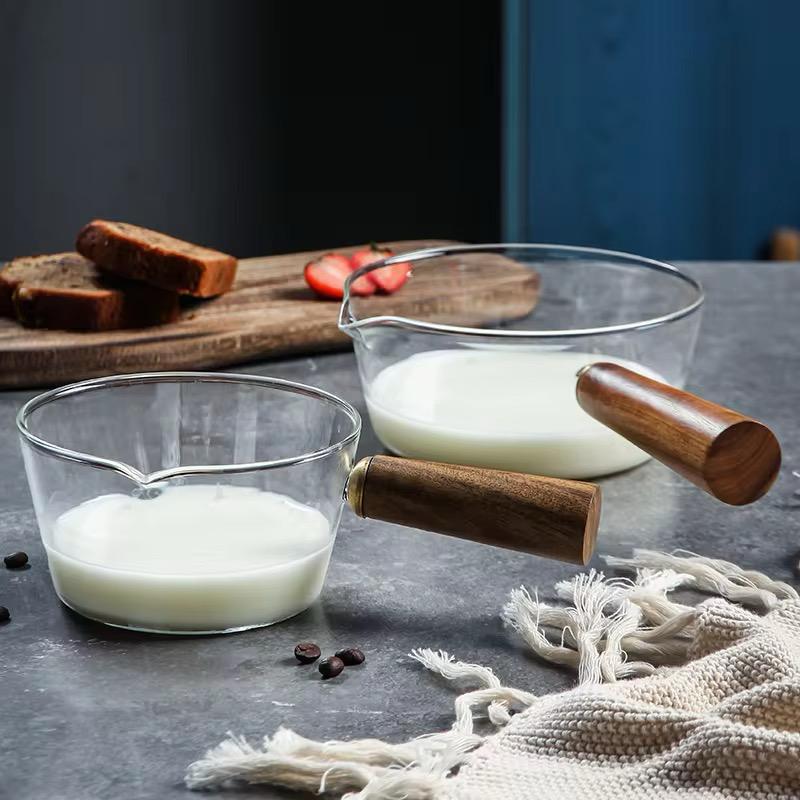 Stove-Safe Glass Milk Pan with Eco-Wood Handle