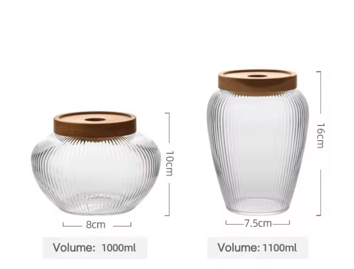 Premium High Borosilicate Glass Storage Jars- Striped Pattern and Wooden Lid