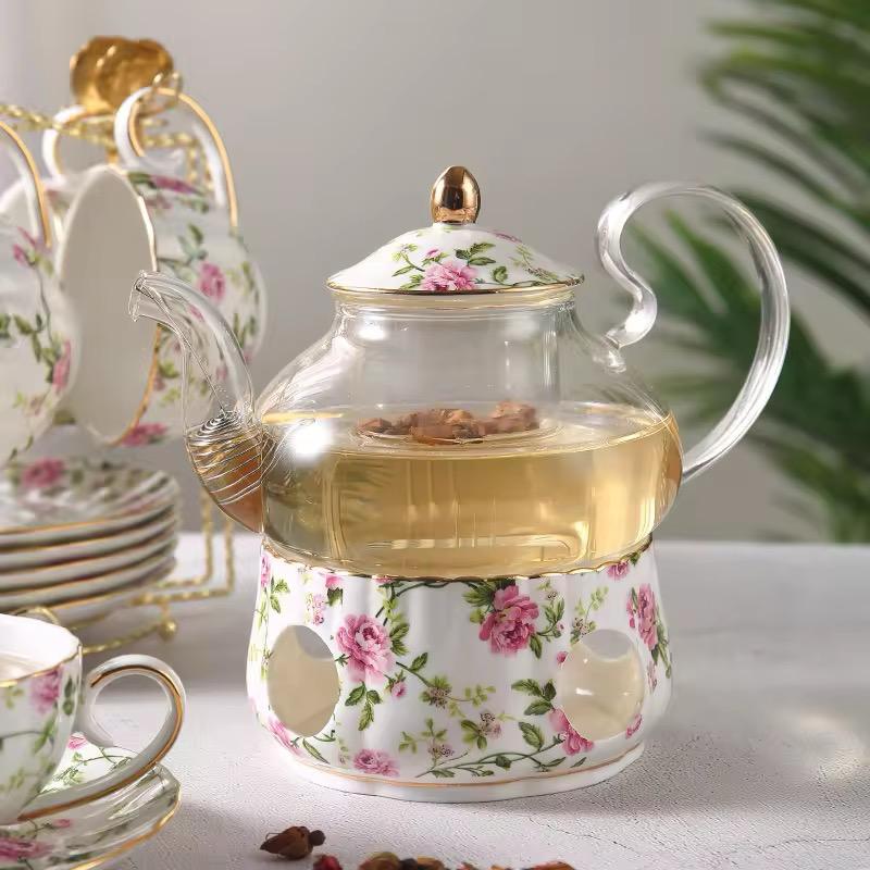 Blossom Breeze Tea Set- Porcelain Cup & Saucer, Kettle & Candle Warmer(15 Pcs)
