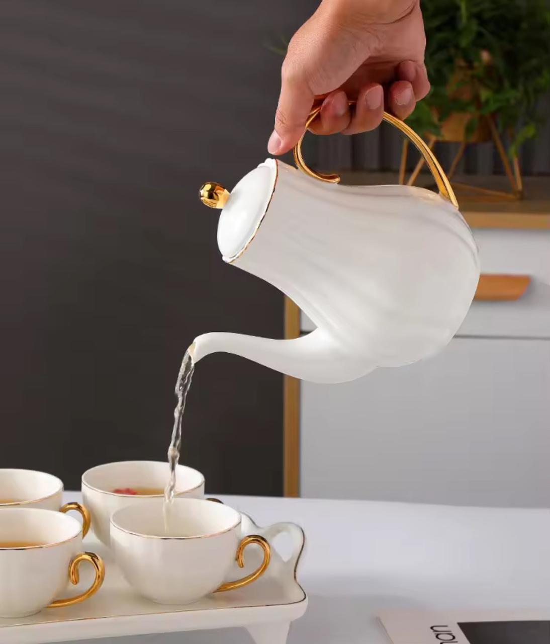 Royal White Tea Pot Set - with Kettle & Serving Tray