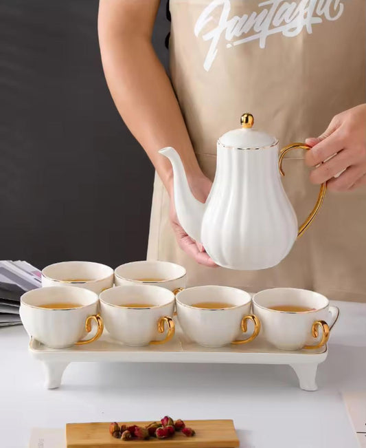 Royal White Tea Pot Set - with Kettle & Serving Tray