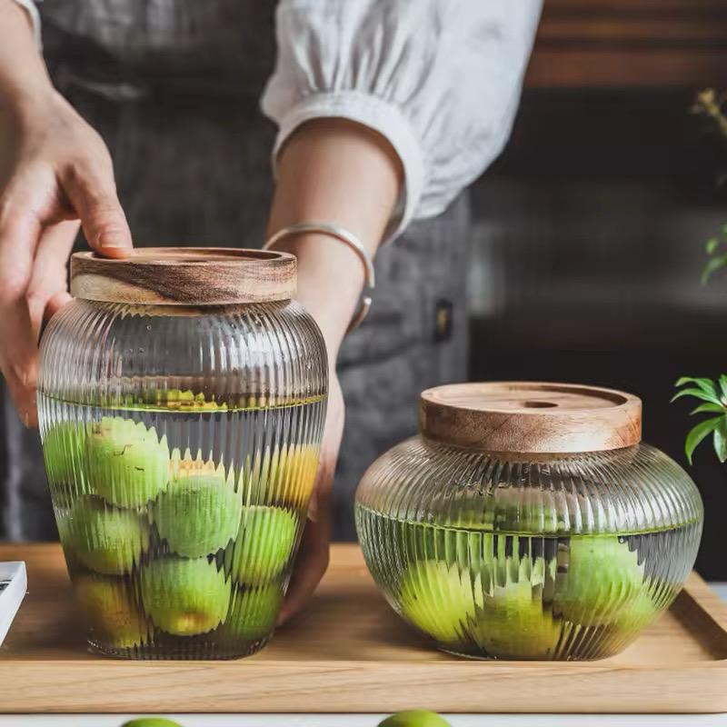Premium High Borosilicate Glass Storage Jars- Striped Pattern and Wooden Lid