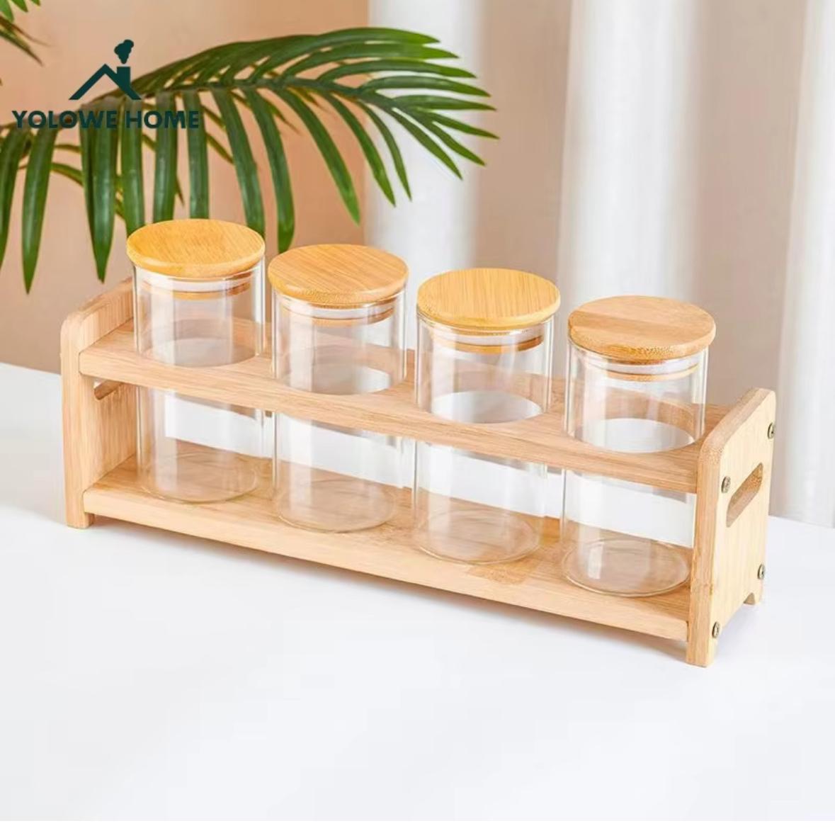 Set of 4 Glass Spice Jars with Airtight Wooden Lids & Wooden Holder