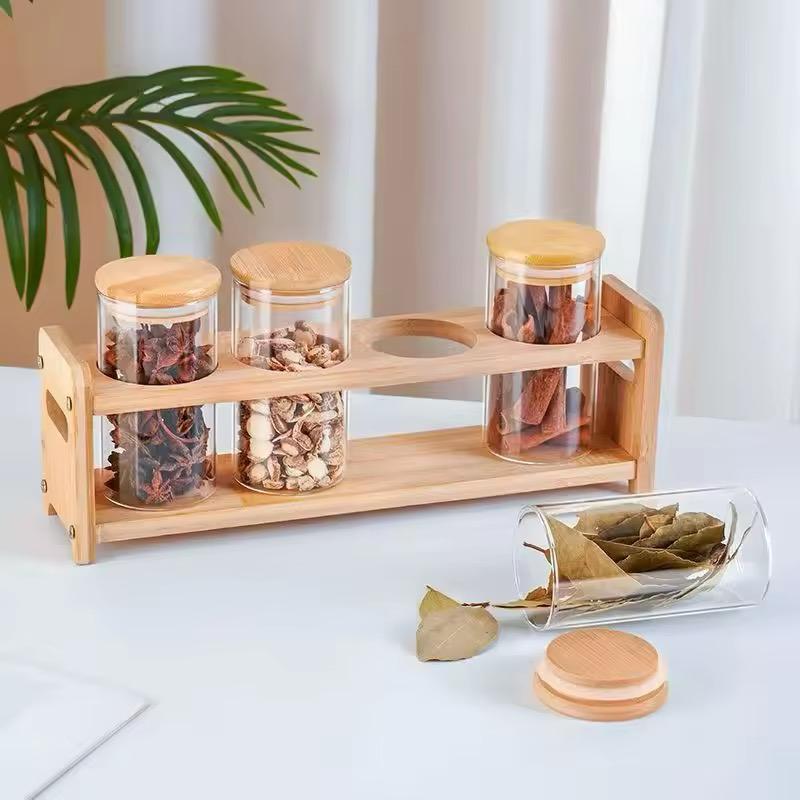 Set of 4 Glass Spice Jars with Airtight Wooden Lids & Wooden Holder