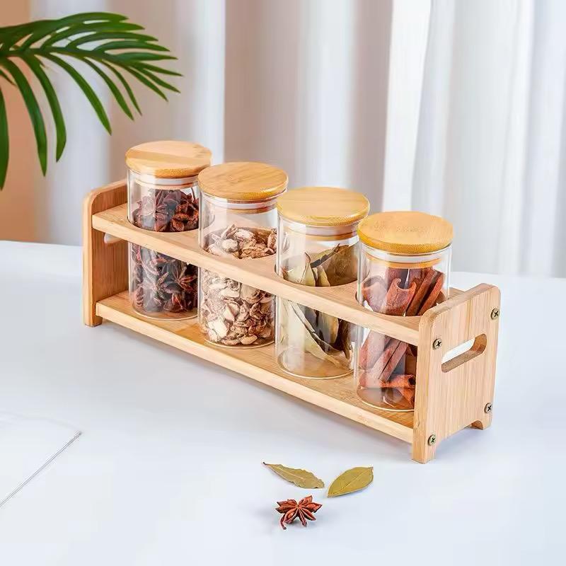 Set of 4 Glass Spice Jars with Airtight Wooden Lids & Wooden Holder