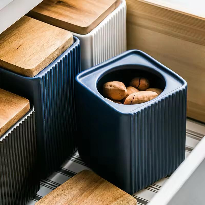 Ribbed Elegance - Airtight Ceramic Kitchen Canister