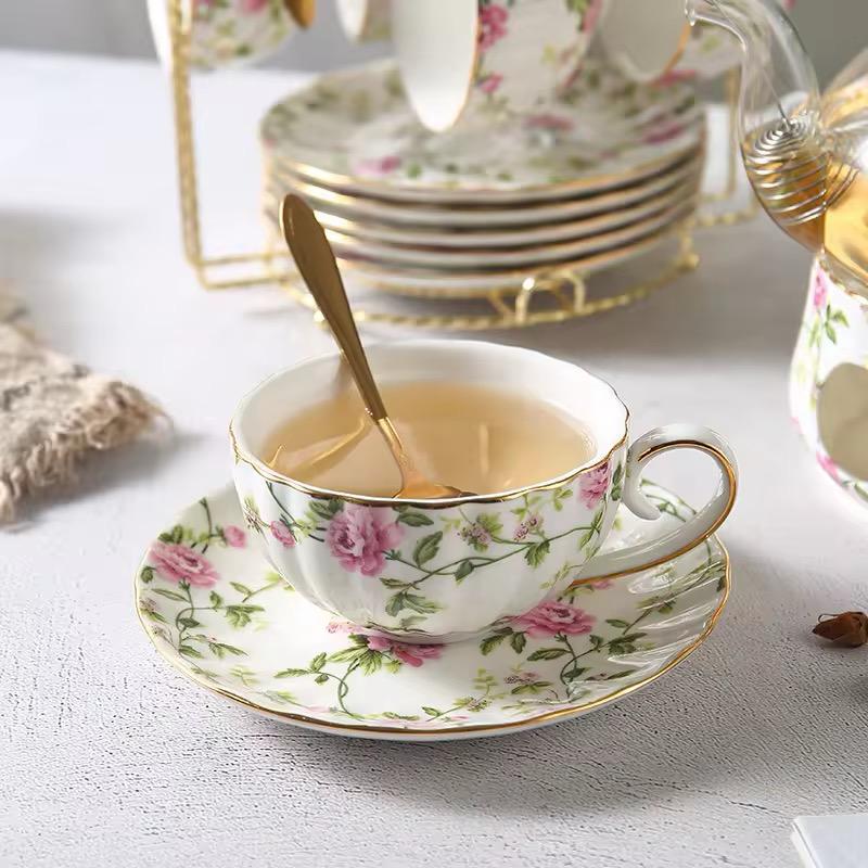 Blossom Breeze Tea Set- Porcelain Cup & Saucer, Kettle & Candle Warmer(15 Pcs)