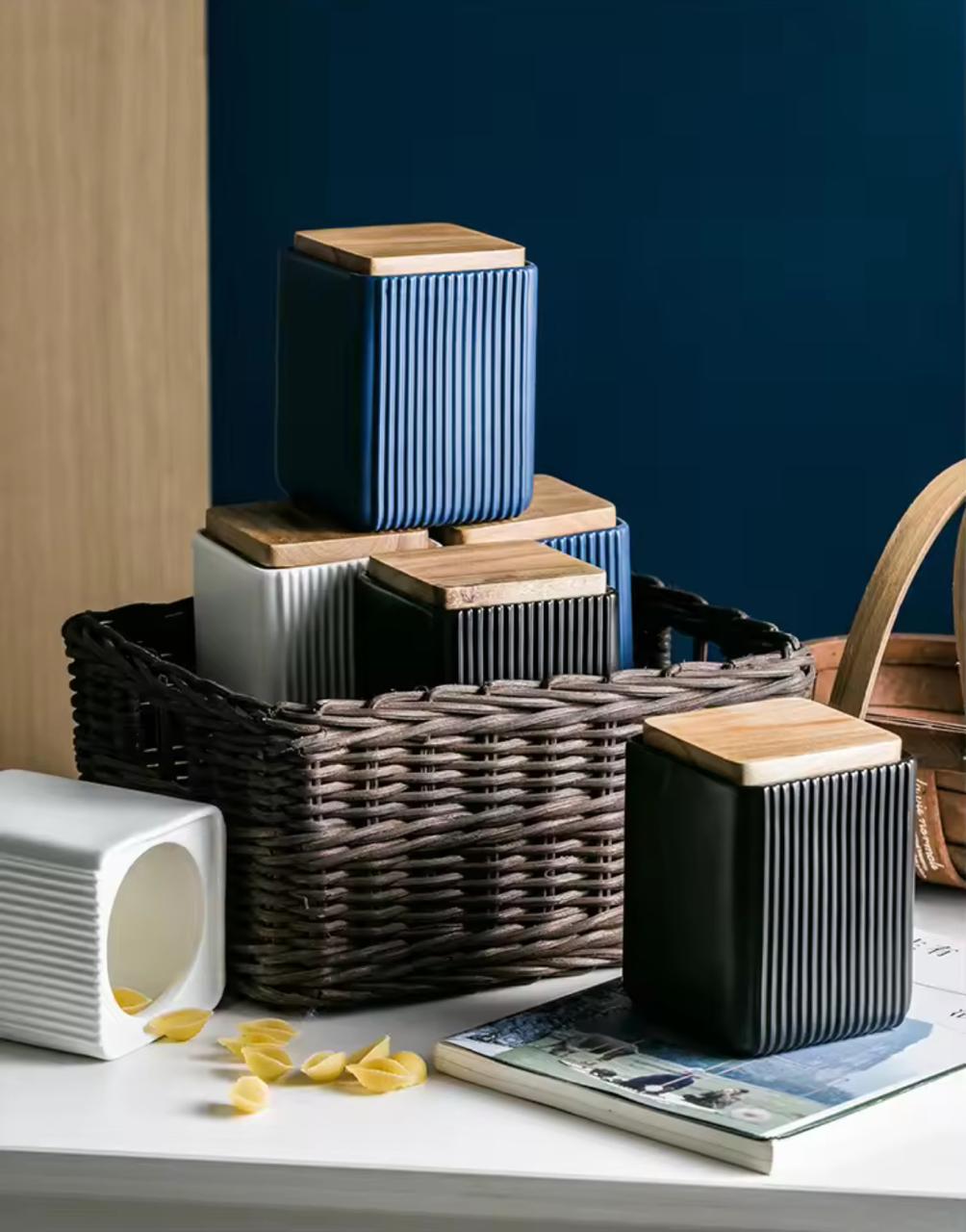 Ribbed Elegance - Airtight Ceramic Kitchen Canister