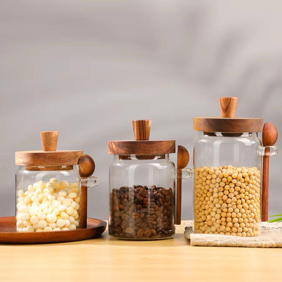 Premium Glass Storage Jar with Wooden Spoon & Lid