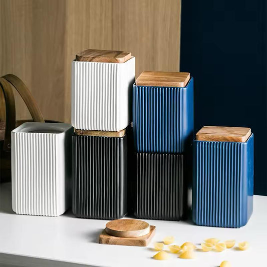 Ribbed Elegance - Airtight Ceramic Kitchen Canister