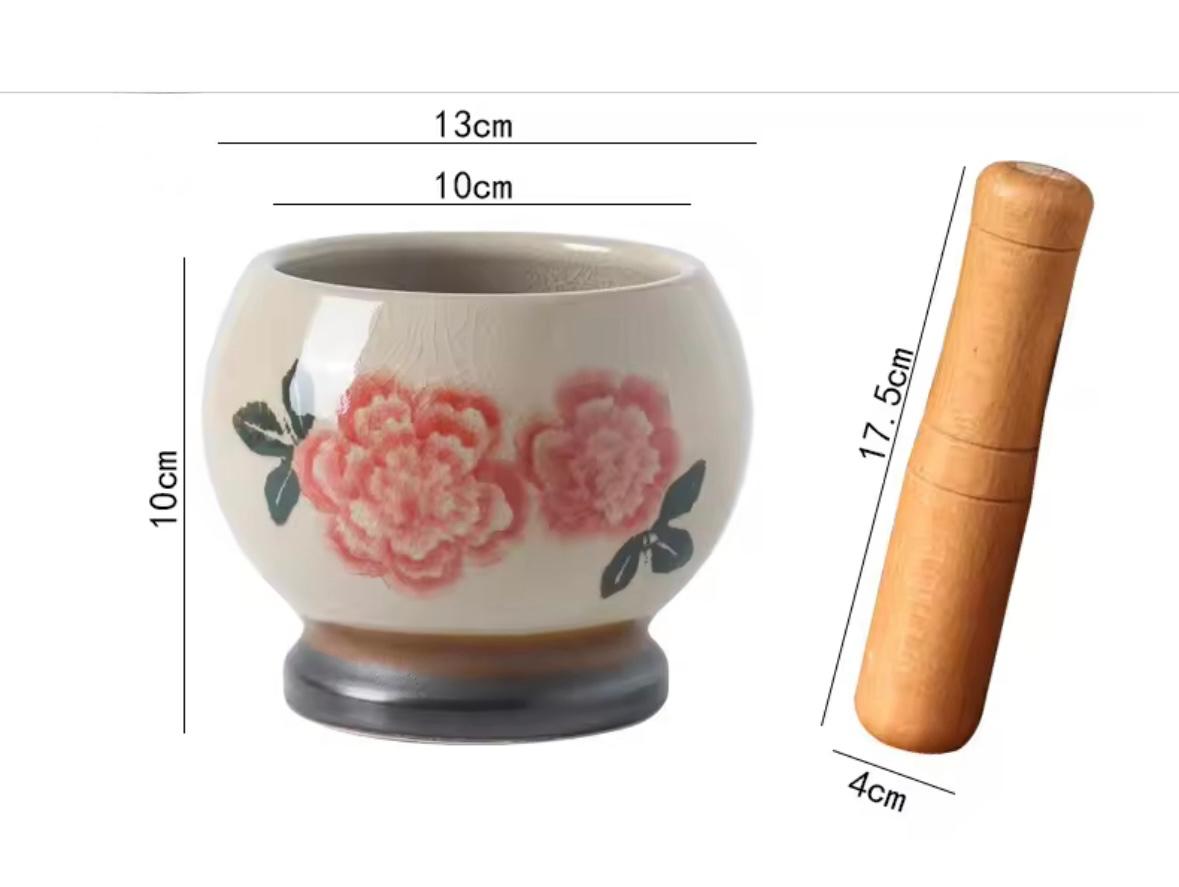 Rustic Charm Ceramic Mortar & Pestle – Crackle Finish & Floral Motif