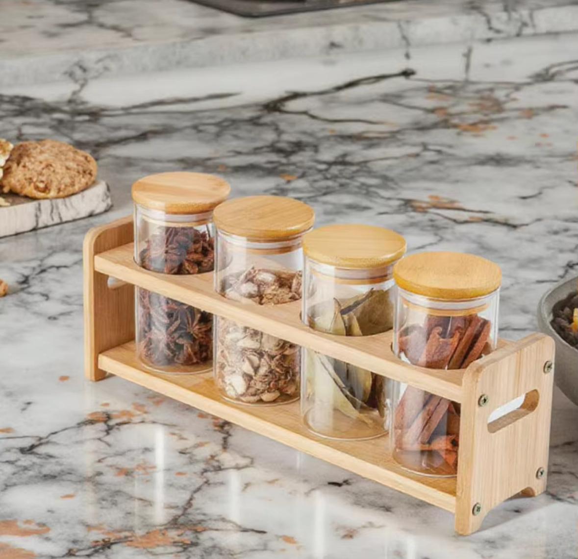 Set of 4 Glass Spice Jars with Airtight Wooden Lids & Wooden Holder