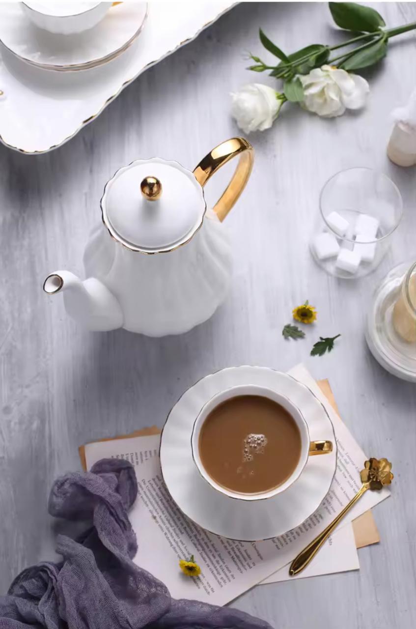 Royal White Tea Pot Set - with Kettle & Serving Tray