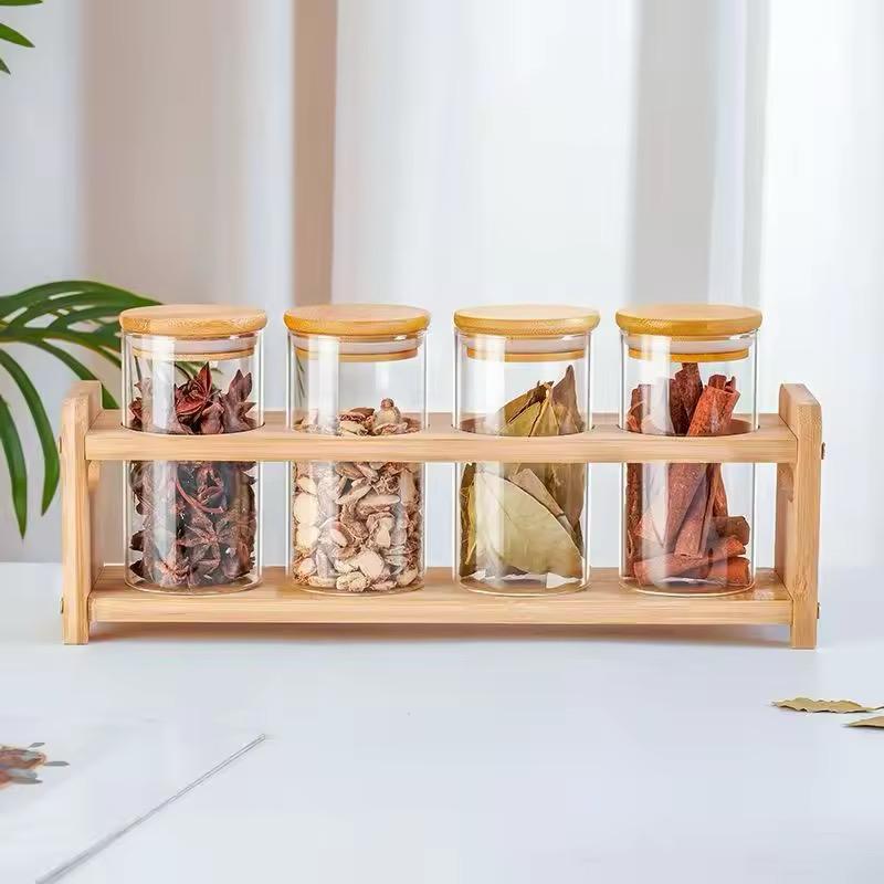 Set of 4 Glass Spice Jars with Airtight Wooden Lids & Wooden Holder