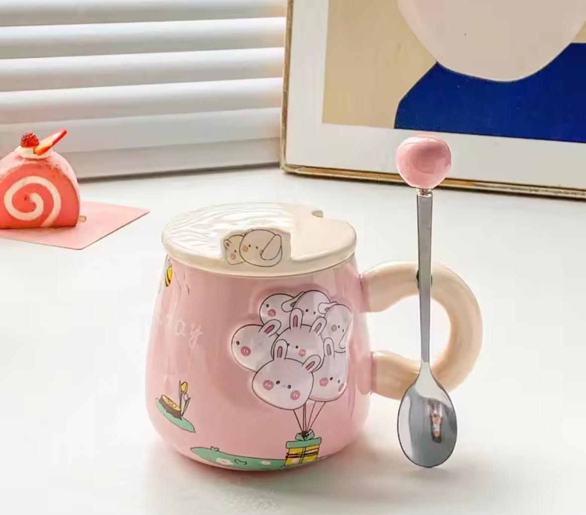 Cloud-Nine Balloon Ceramic Mug Set -400 ML- With Lid & Cute Spoon