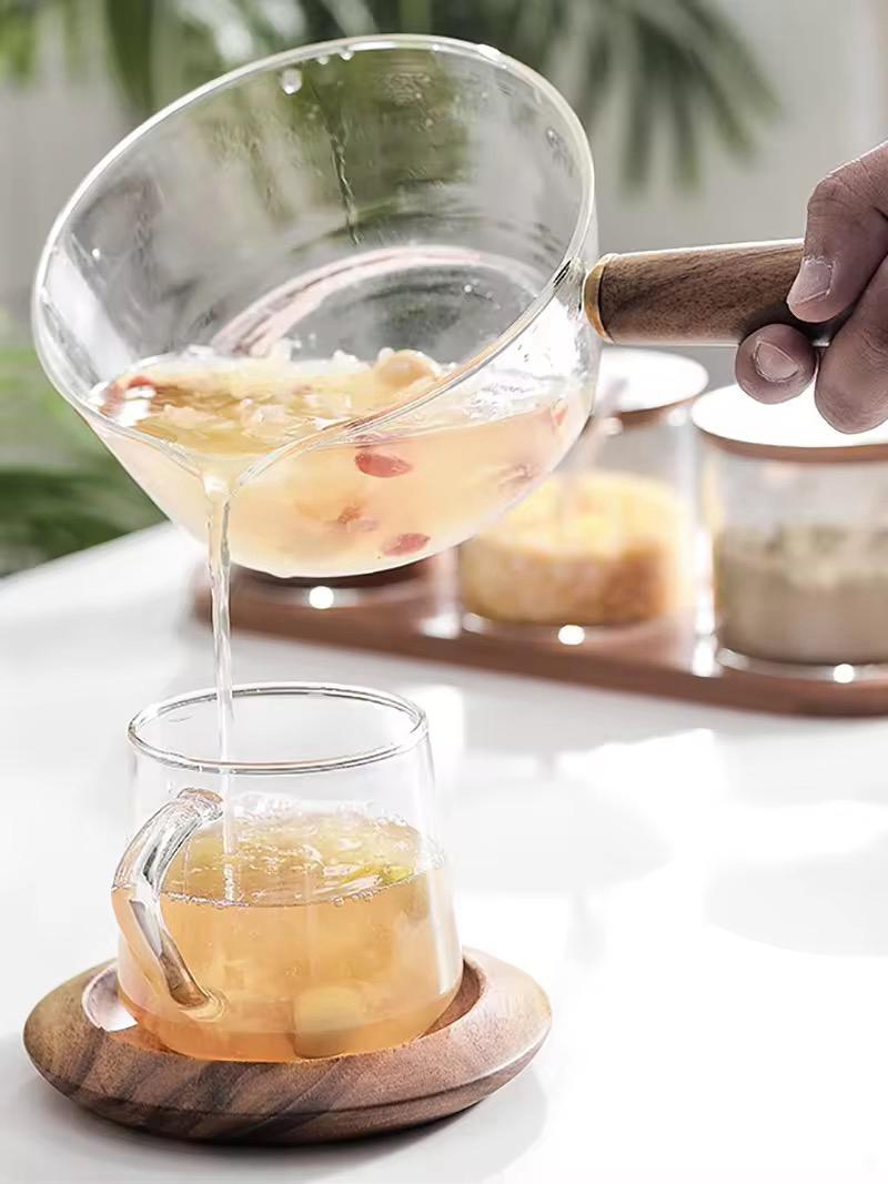 Stove-Safe Glass Milk Pan with Eco-Wood Handle