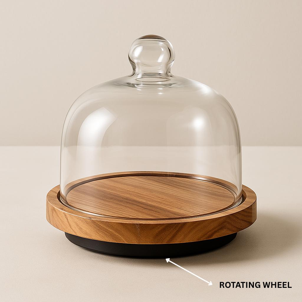 360° Rotating Acacia Wooden Platter with Clear Dome