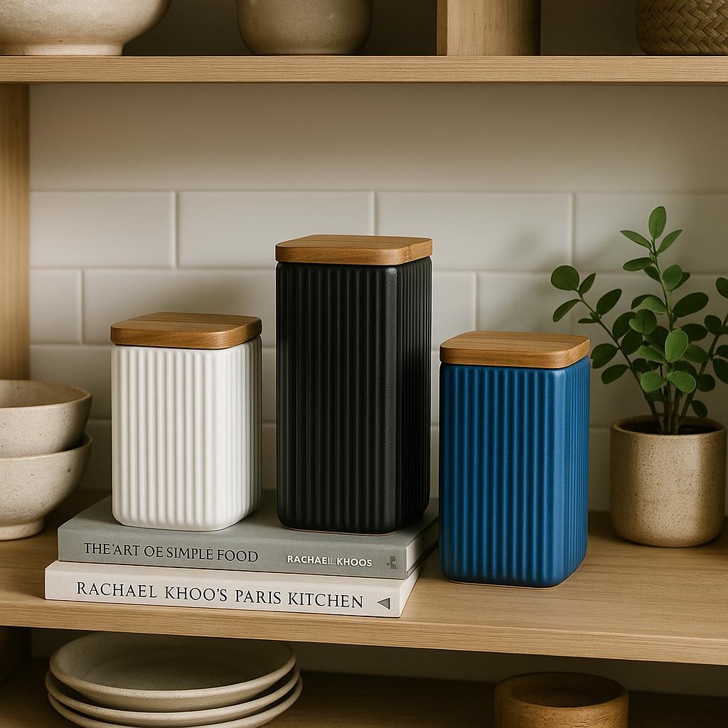 Ribbed Elegance - Airtight Ceramic Kitchen Canister