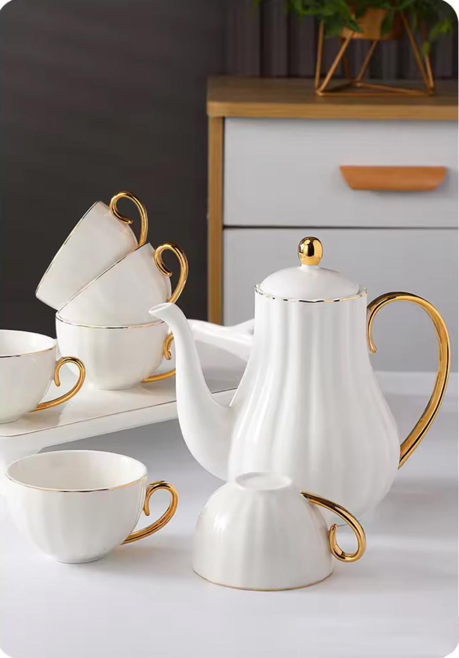 Royal White Tea Pot Set - with Kettle & Serving Tray
