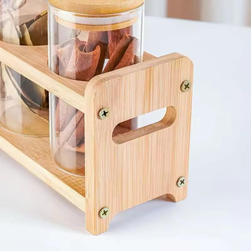 Set of 4 Glass Spice Jars with Airtight Wooden Lids & Wooden Holder
