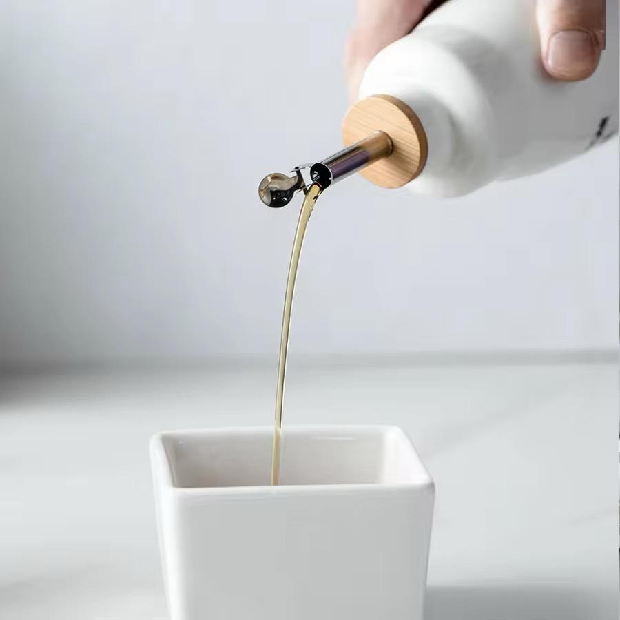 Modern Ceramic Oil Dispenser Set of 2 with Wooden Tray-280ml & 420 ml