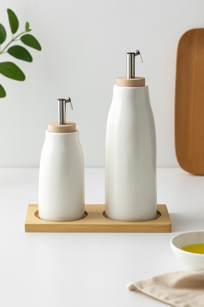 Modern Ceramic Oil Dispenser Set of 2 with Wooden Tray-280ml & 420 ml