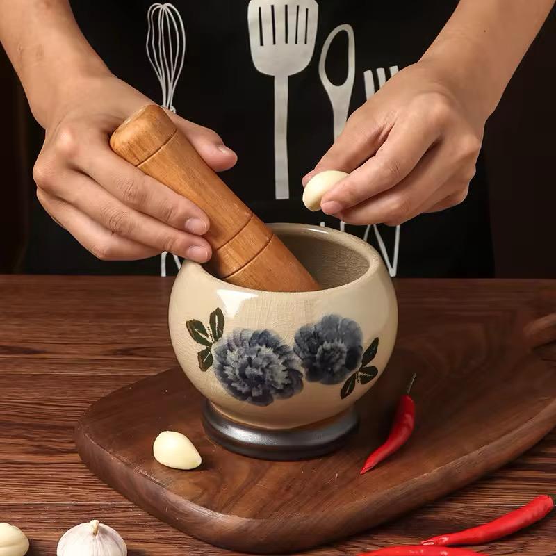 Rustic Charm Ceramic Mortar & Pestle – Crackle Finish & Floral Motif