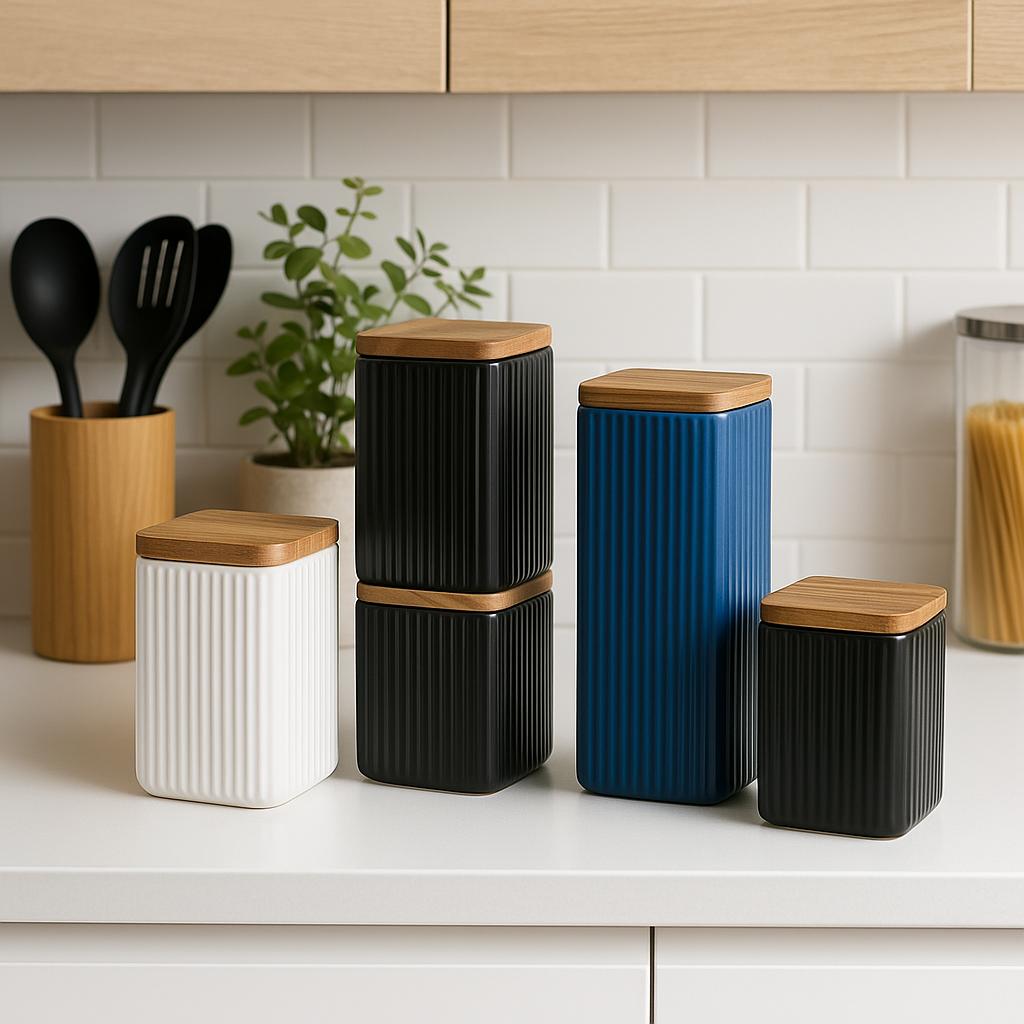 Ribbed Elegance - Airtight Ceramic Kitchen Canister