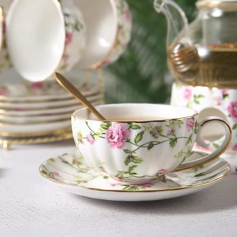 Blossom Breeze Tea Set- Porcelain Cup & Saucer, Kettle & Candle Warmer(15 Pcs)