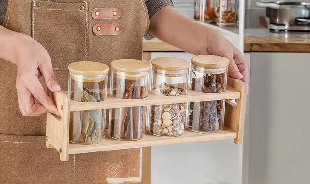 Set of 4 Glass Spice Jars with Airtight Wooden Lids & Wooden Holder
