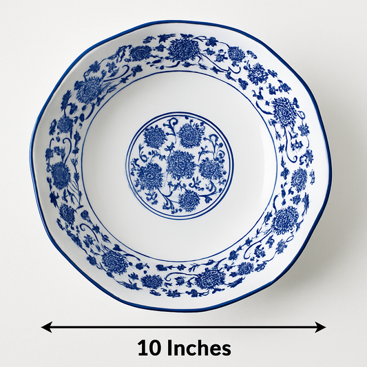 Handcrafted Porcelain Bowl with Blue Bloom Pattern – 10 inches