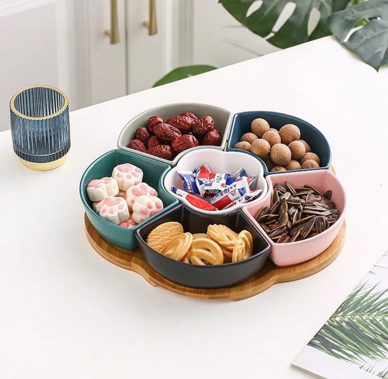 Blossom Ceramic Dry Fruit Tray Set with Wooden Base