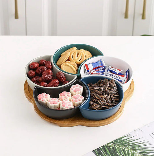 Blossom Ceramic Dry Fruit Tray Set with Wooden Base