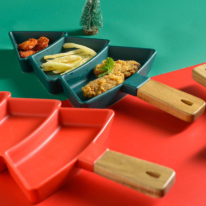 Tree-Shaped Ceramic Platter with Wooden Handle – Red or Green