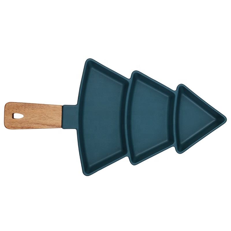 Tree-Shaped Ceramic Platter with Wooden Handle – Red or Green
