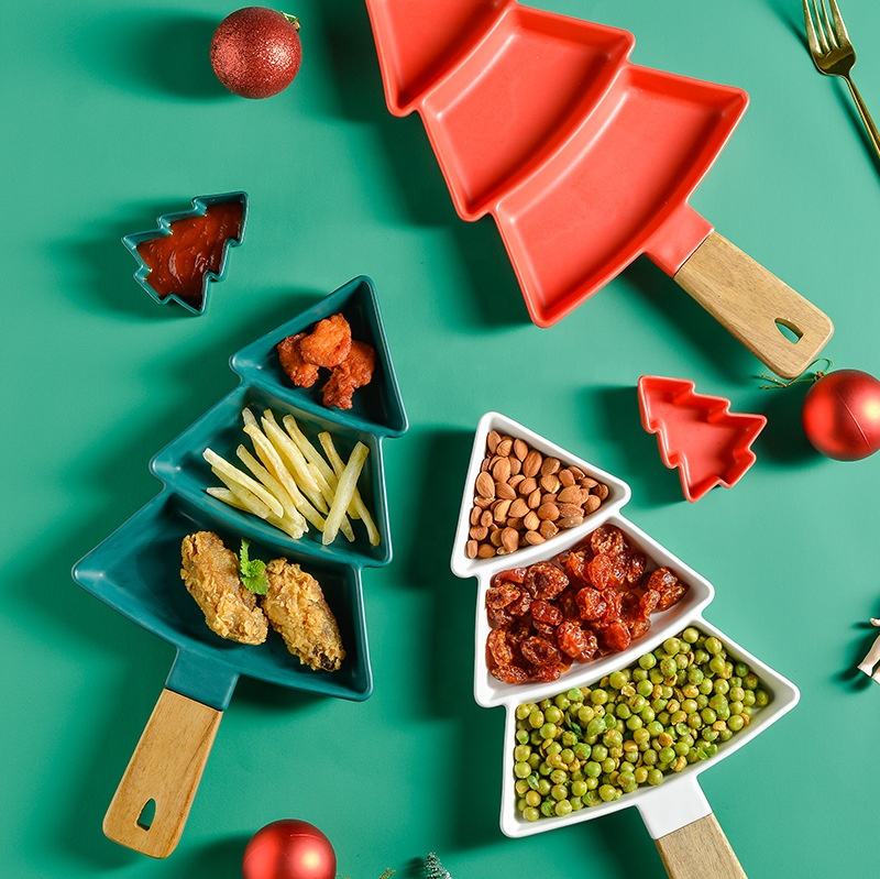 Tree-Shaped Ceramic Platter with Wooden Handle – Red or Green