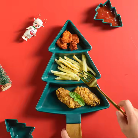 Tree-Shaped Ceramic Platter with Wooden Handle – Red or Green