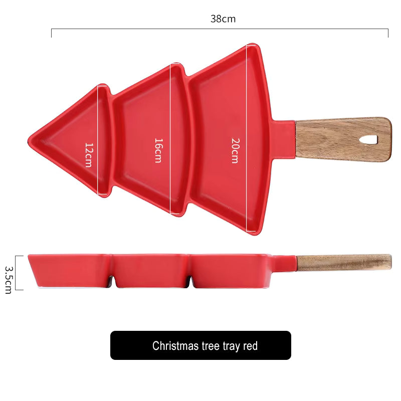 Tree-Shaped Ceramic Platter with Wooden Handle – Red or Green