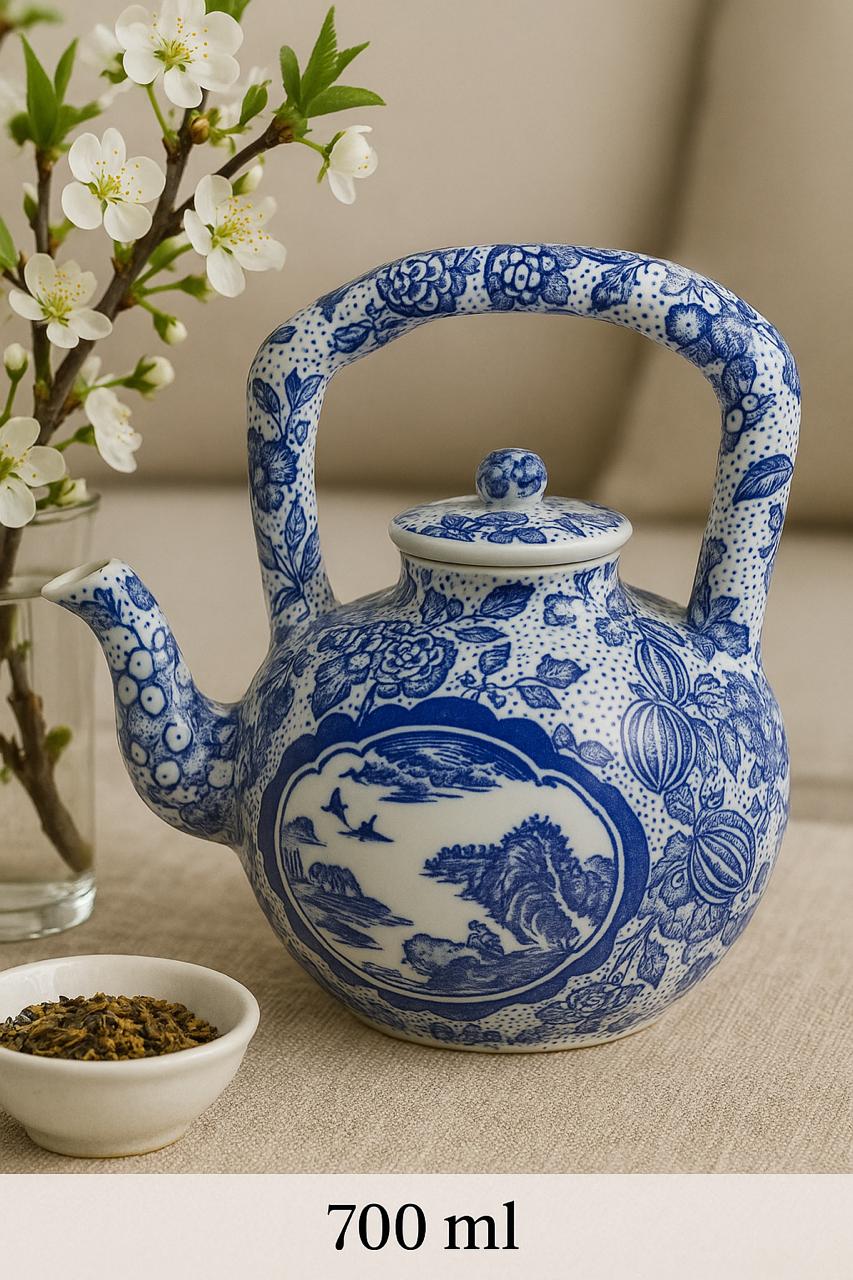 Blue and White Floral Porcelain Tea Pot-700 ML